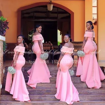 Blizgios Sidabro Blizgučiai Bridesmaid Dresses Undinė 2021 Rožinė Satino Afrikos Moterims, Ilgai Off Peties Vestuvės Dress Vestidos