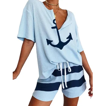 Atsitiktinis Palaidų Inkaro Spausdinti Moterų Sailor Kostiumas Trumpomis Rankovėmis Marškinėlius Ir Dryžuotas Trumpas Kelnes Dviejų Dalių Komplektas Vasaros 2020 Naujas Tracksuit