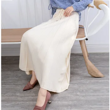 Plaukuota ilgas sijonas rudens/žiemos 2020 naujas paaukštintu liemeniu plonas, didelio dydžio, aukščio big swing megztas sijonas.