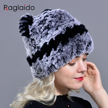 Žiemos skrybėlės moteriški megzti rex triušio merginos natūralus kailis šiltas dangtelis mados purus beaniewith ausis suaugusių vaikų sniego kepurę